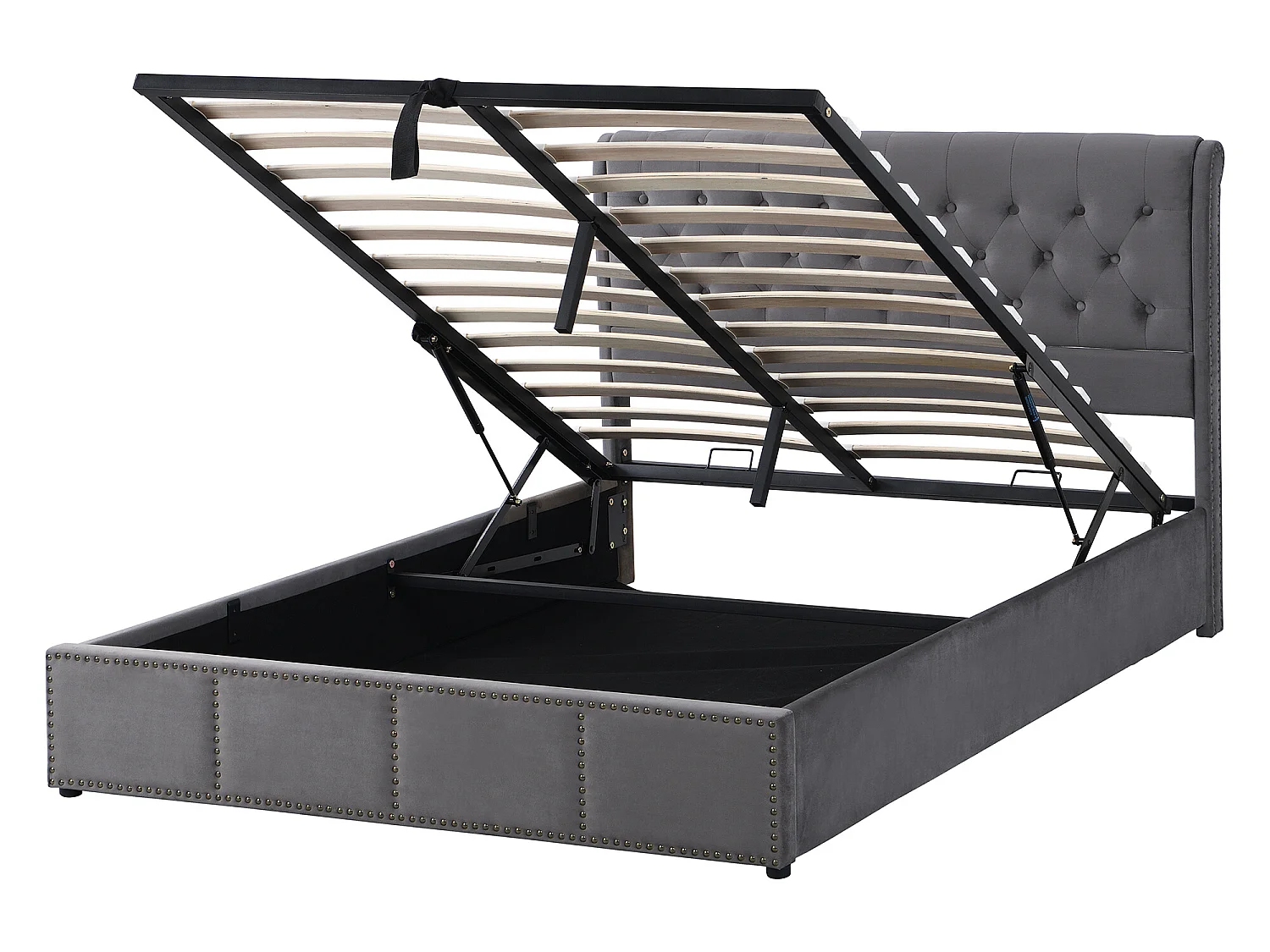 Cama contenedor con banco - 140 x 200 cm - terciopelo - somier de láminas - gris