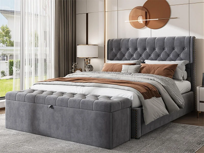Cama contenedor con banco - 140 x 200 cm - terciopelo - somier de láminas - gris