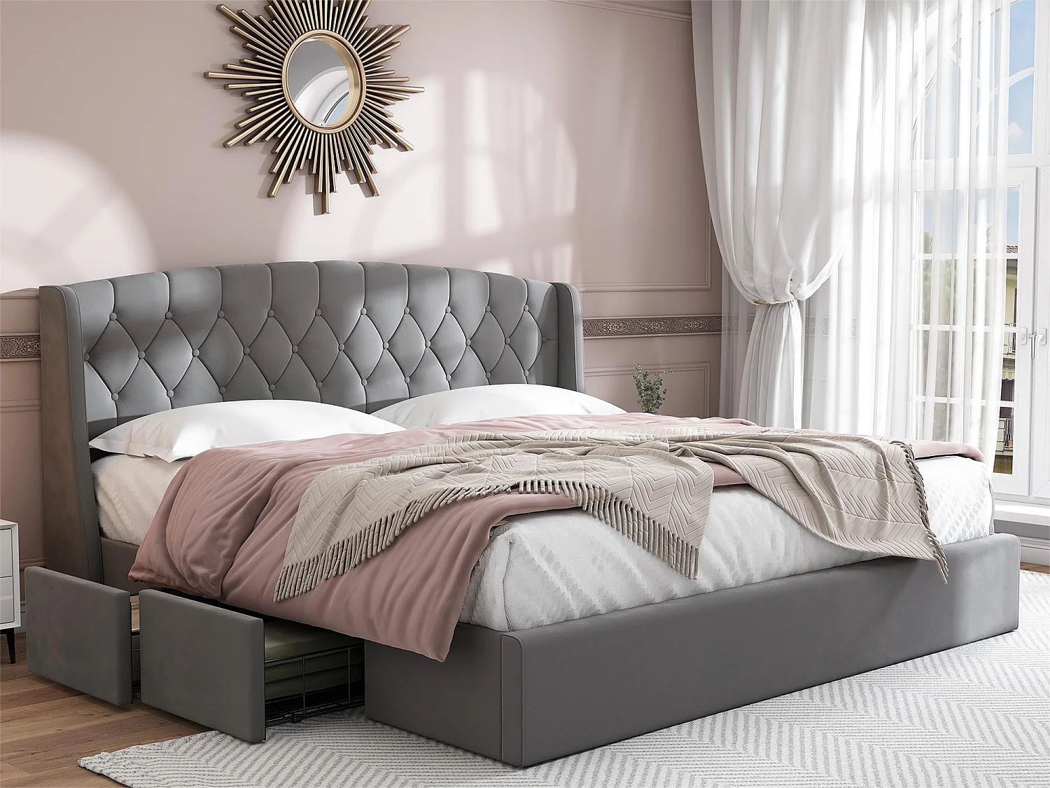 Lit avec tête de lit et 4 tiroirs - 140 x 200 cm - velours - sommier à lattes - gris