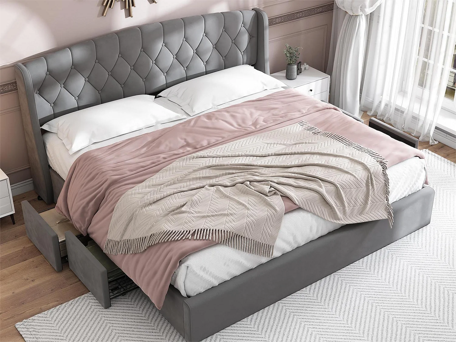 Lit avec tête de lit et 4 tiroirs - 140 x 200 cm - velours - sommier à lattes - gris