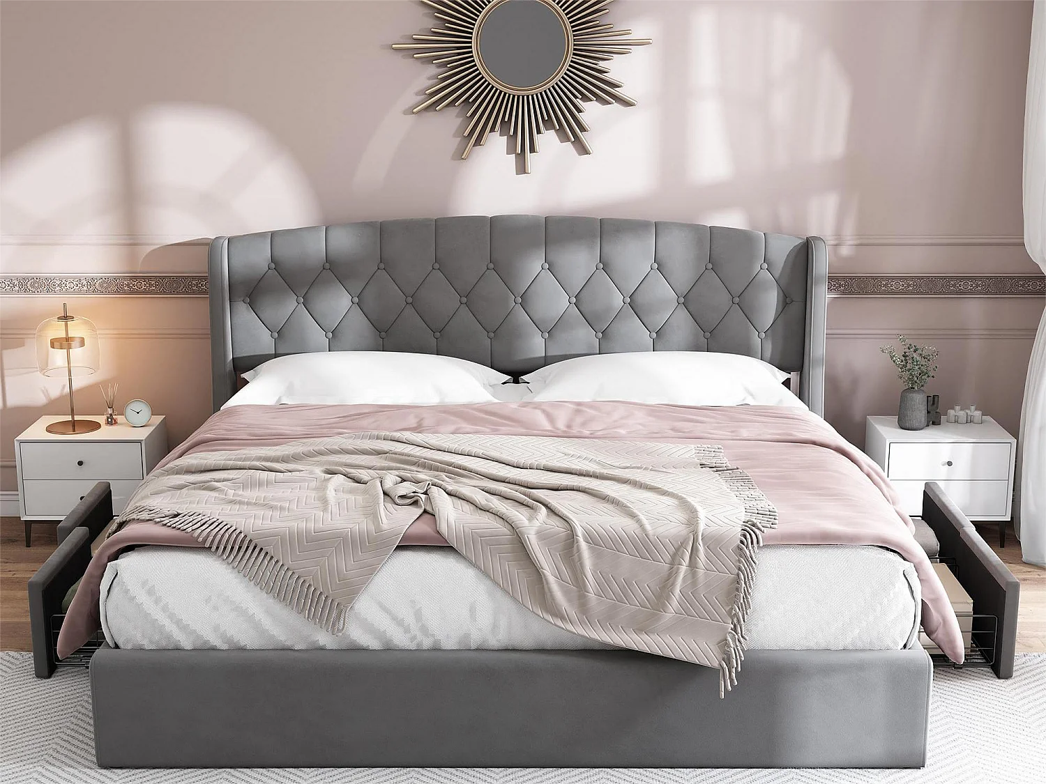 Lit avec tête de lit et 4 tiroirs - 140 x 200 cm - velours - sommier à lattes - gris