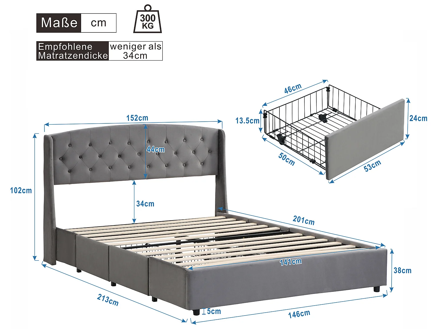Lit avec tête de lit et 4 tiroirs - 140 x 200 cm - velours - sommier à lattes - gris