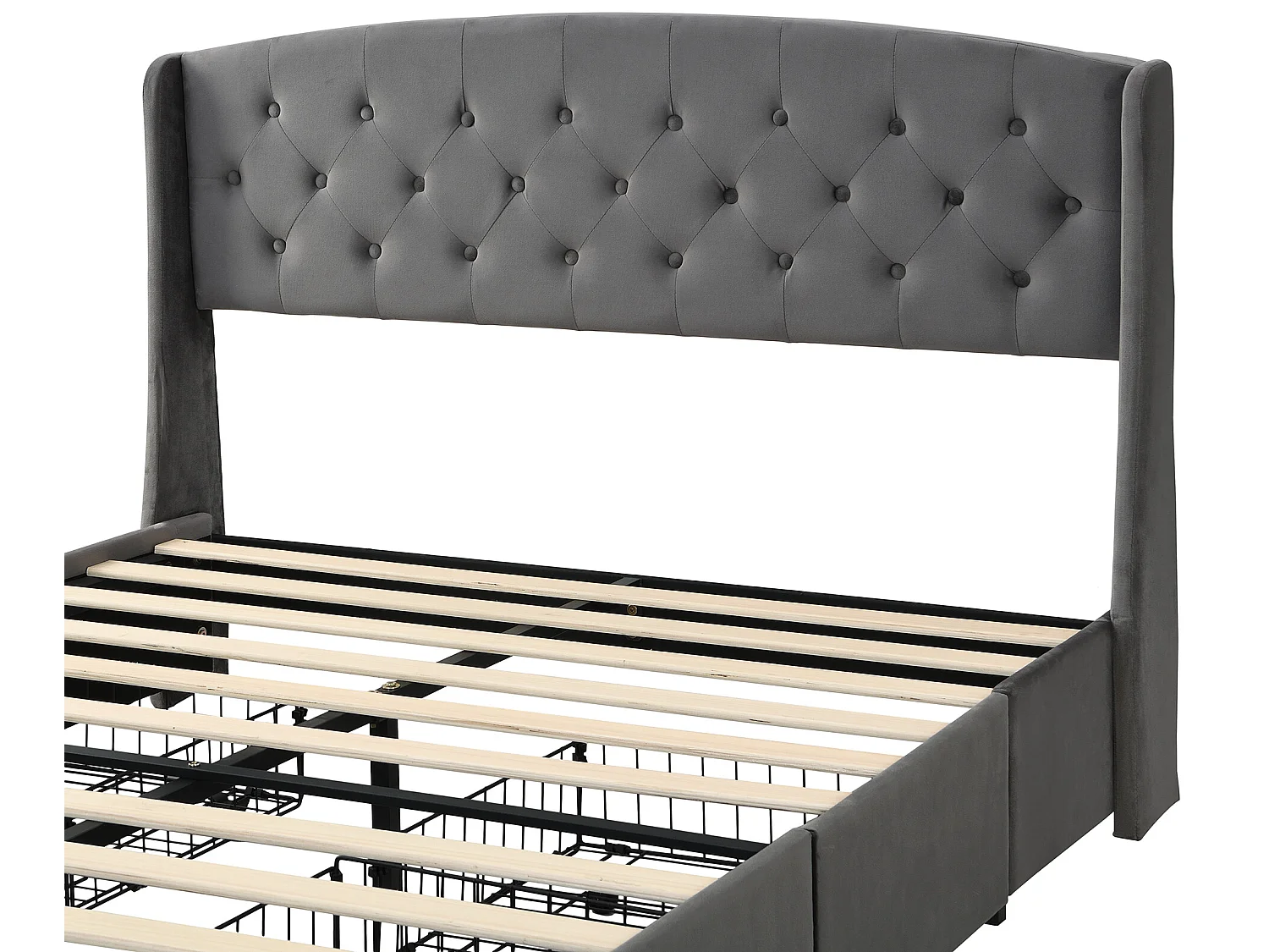 Lit avec tête de lit et 4 tiroirs - 140 x 200 cm - velours - sommier à lattes - gris