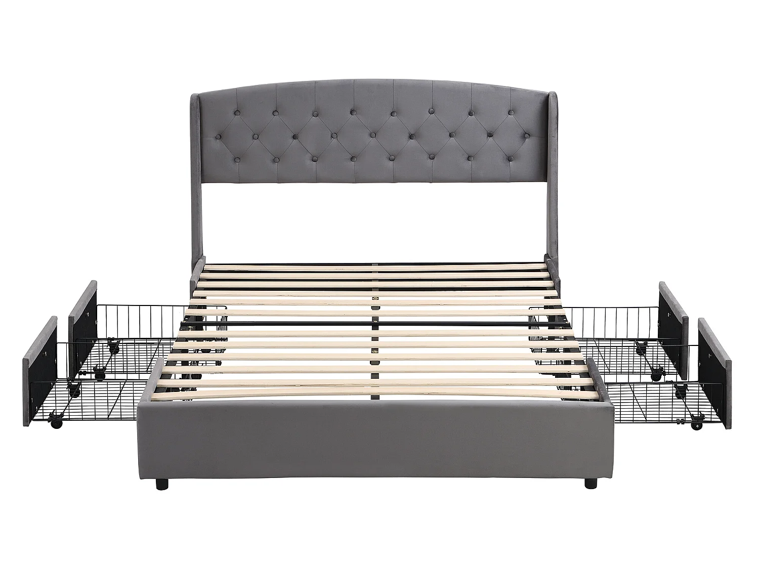 Lit avec tête de lit et 4 tiroirs - 140 x 200 cm - velours - sommier à lattes - gris