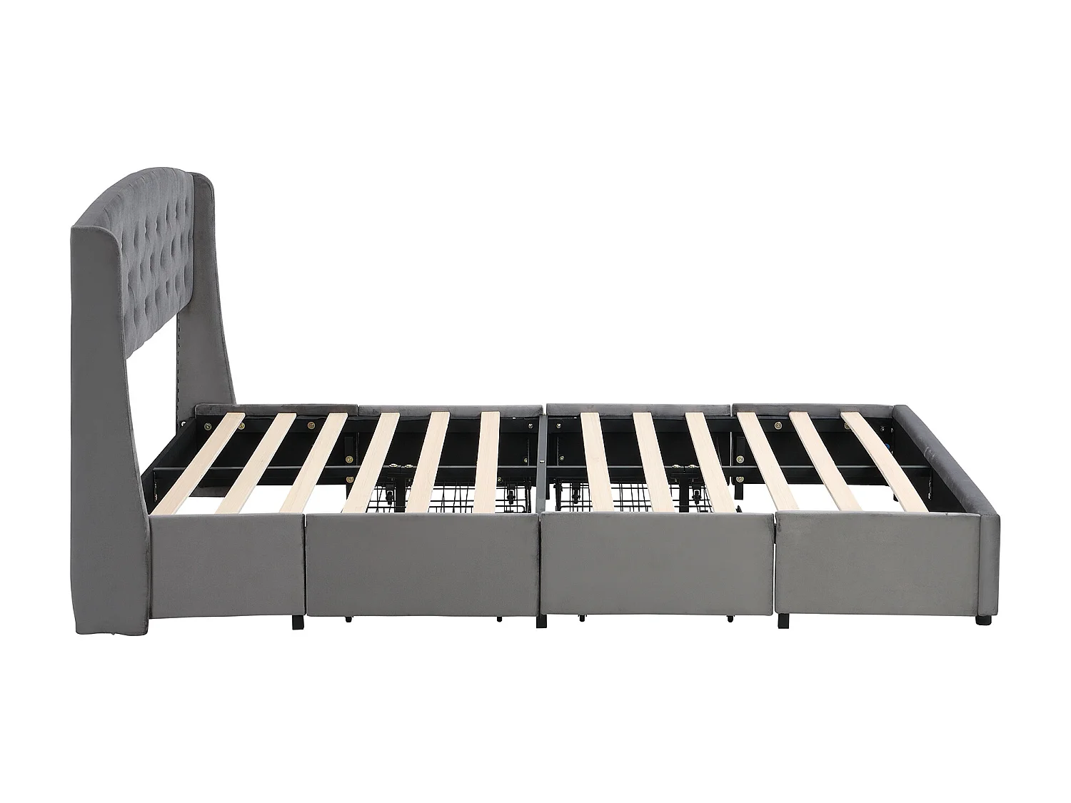 Lit avec tête de lit et 4 tiroirs - 140 x 200 cm - velours - sommier à lattes - gris