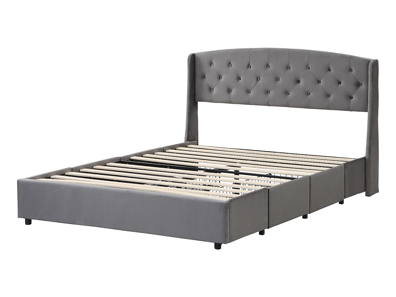 Lit avec tête de lit et 4 tiroirs - 140 x 200 cm - velours - sommier à lattes - gris