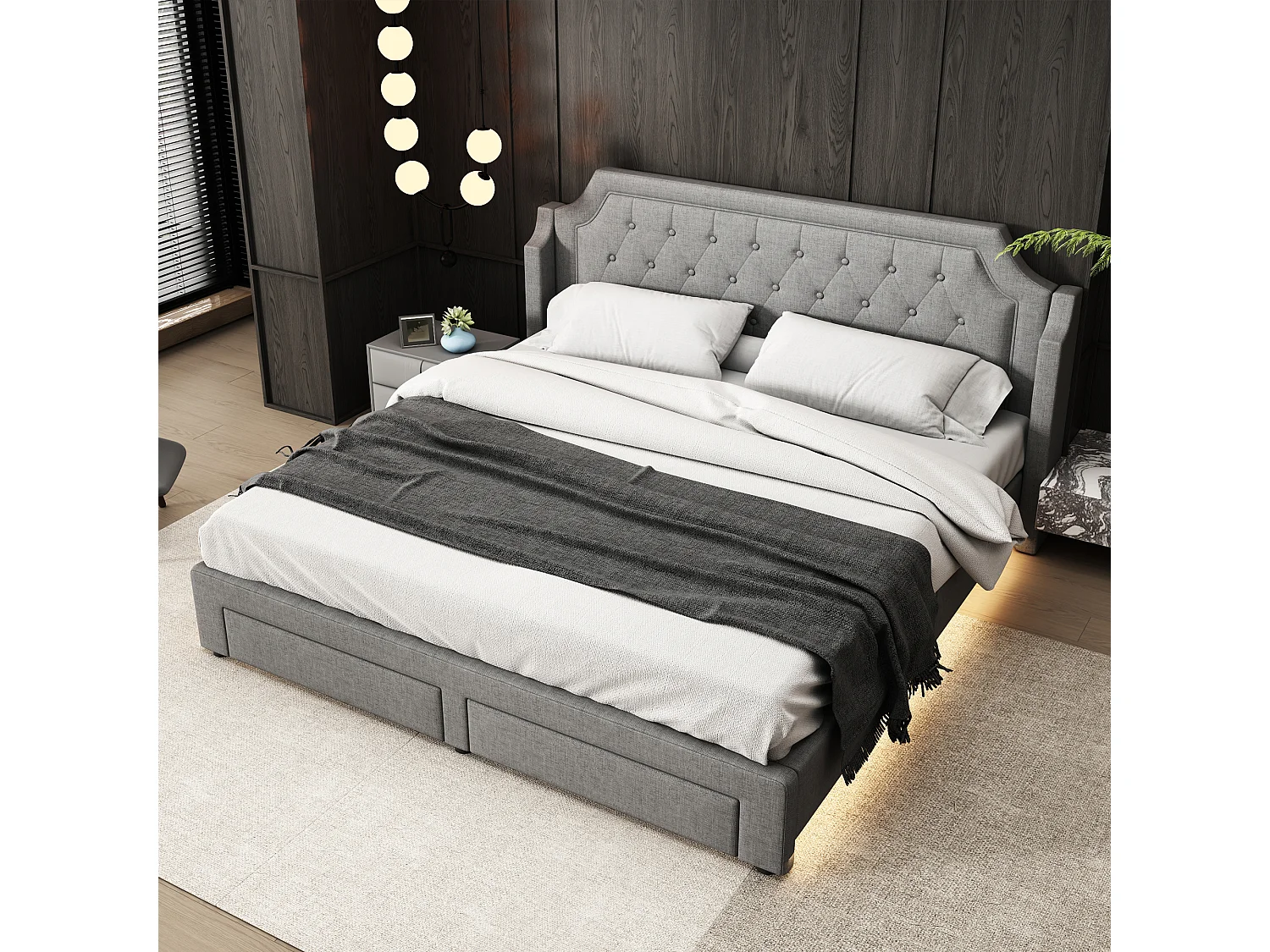 Cama com 2 gavetas - 180 x 200 cm - LEDs - tecido de linho - base de ripas - Cinza