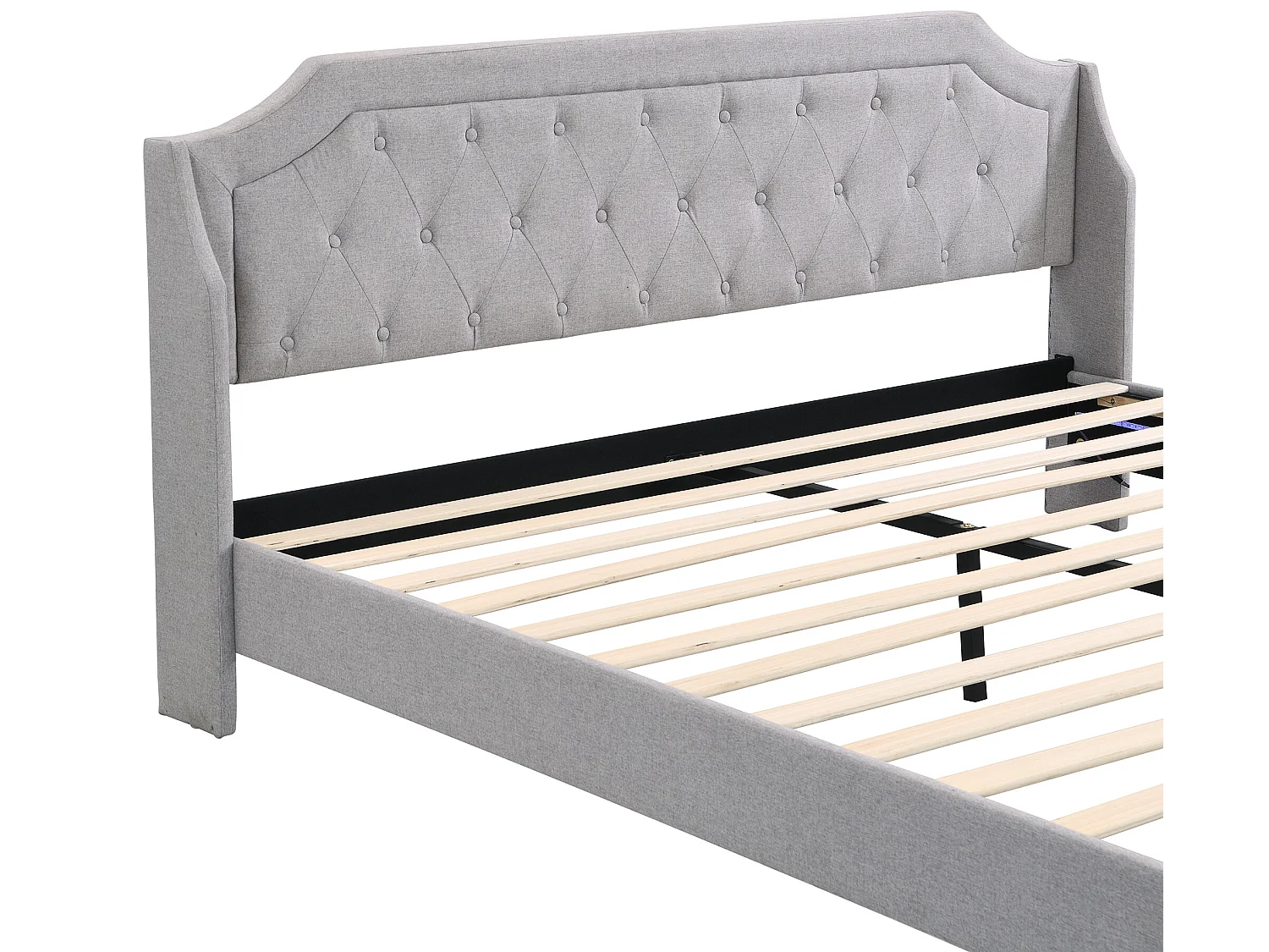 Cama com 2 gavetas - 180 x 200 cm - LEDs - tecido de linho - base de ripas - Cinza