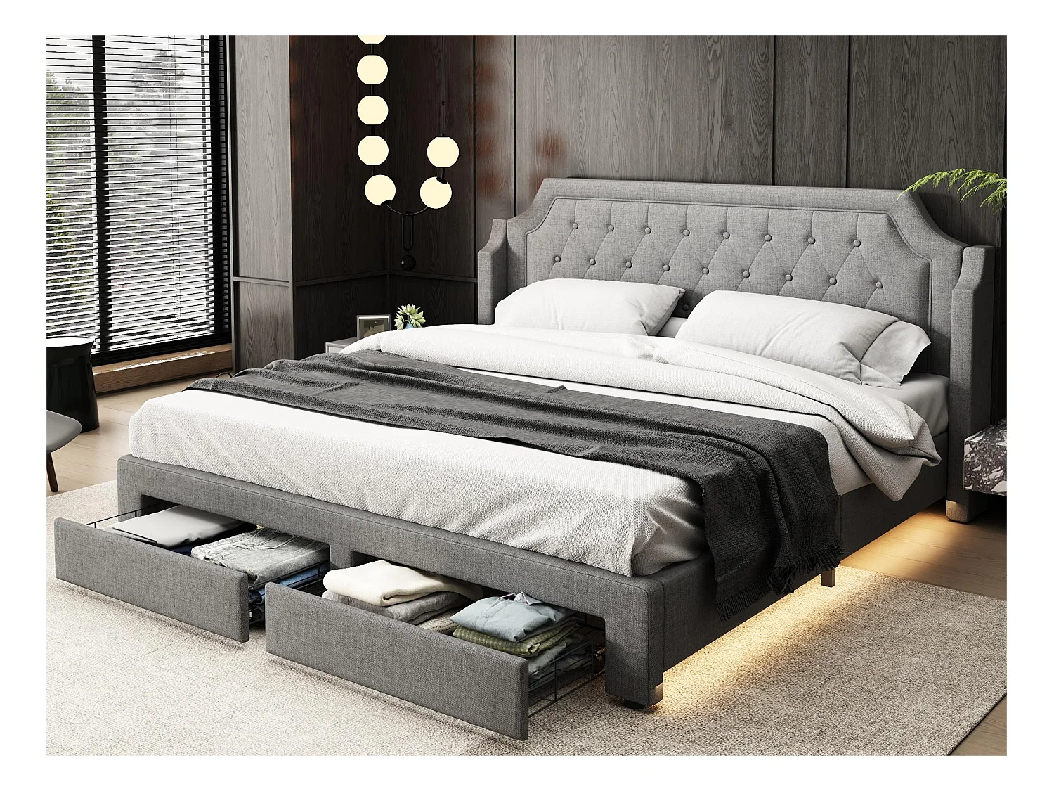 Lit avec 2 tiroirs - 180 x 200 cm - LEDs - tissu lin - sommier à lattes - Gris