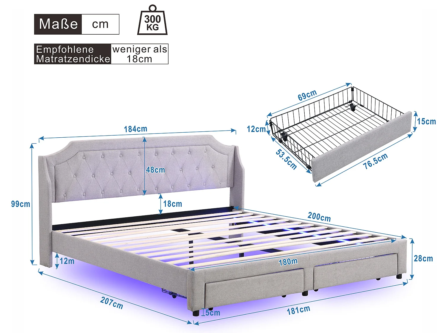 Lit avec 2 tiroirs - 180 x 200 cm - LEDs - tissu lin - sommier à lattes - Gris