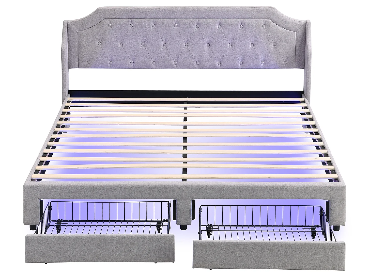 Lit avec 2 tiroirs - 180 x 200 cm - LEDs - tissu lin - sommier à lattes - Gris