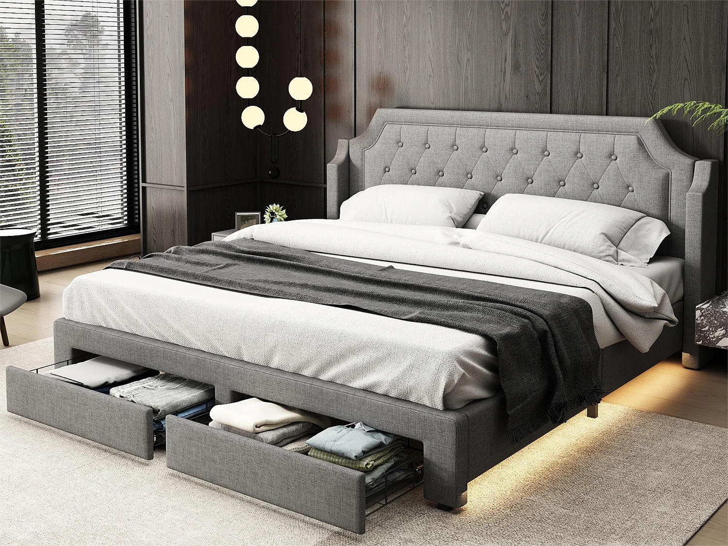 Letto con 2 cassetti - 180 x 200 cm - LED - tessuto di lino - rete a doghe - Grigio