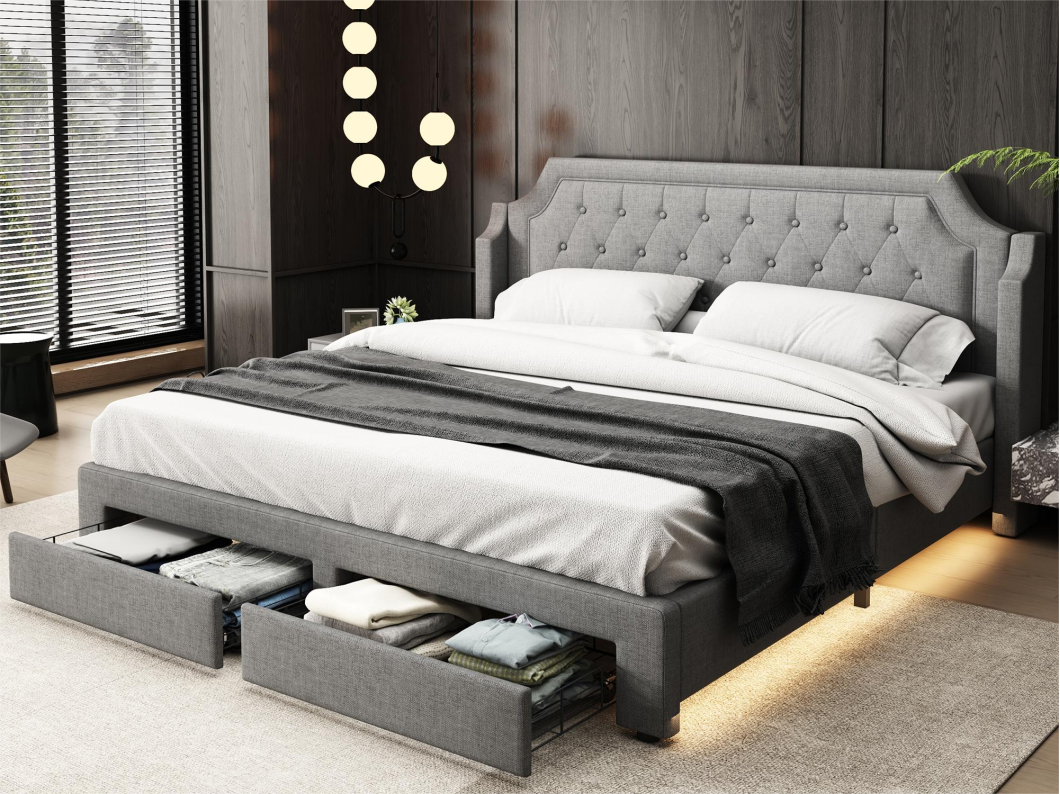 Bed met 2 lades - 180 x 200 cm - LED's - linnenstof - lattenbodem - Grijs
