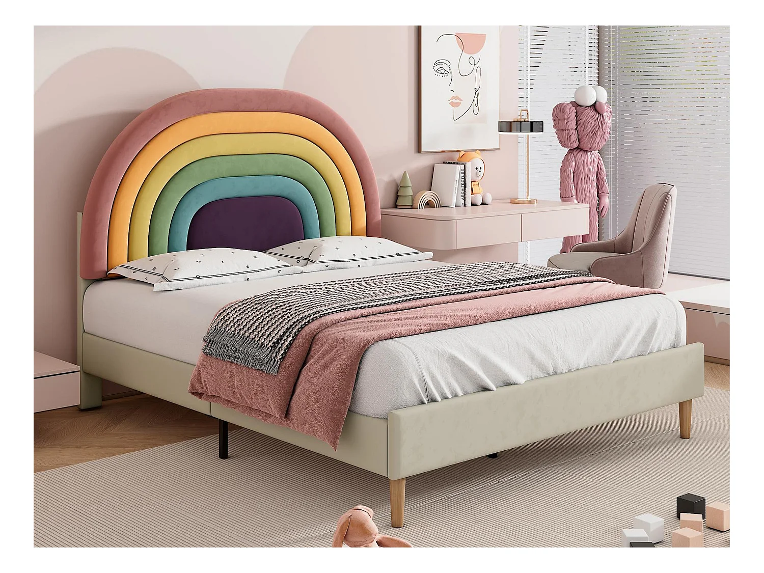 Bed met verstelbaar hoofdeinde - 140 x 200 cm - fluweel - lattenbodem - kleur beige