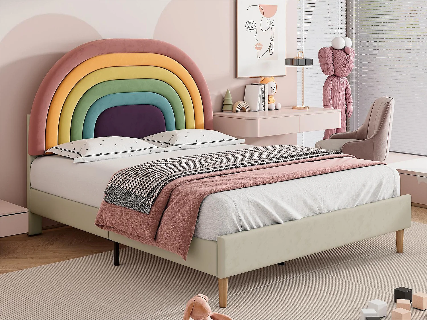 Bed met verstelbaar hoofdeinde - 140 x 200 cm - fluweel - lattenbodem - kleur beige