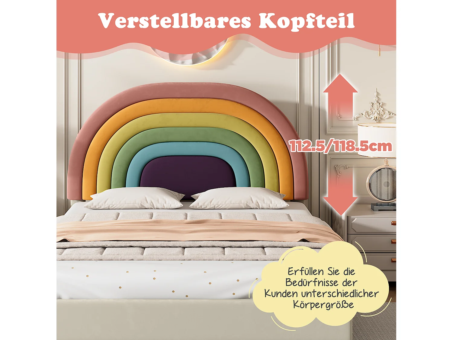 Bed met verstelbaar hoofdeinde - 140 x 200 cm - fluweel - lattenbodem - kleur beige