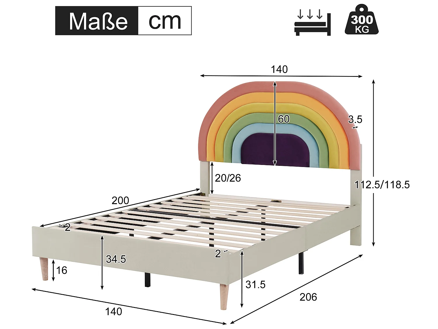 Bed met verstelbaar hoofdeinde - 140 x 200 cm - fluweel - lattenbodem - kleur beige