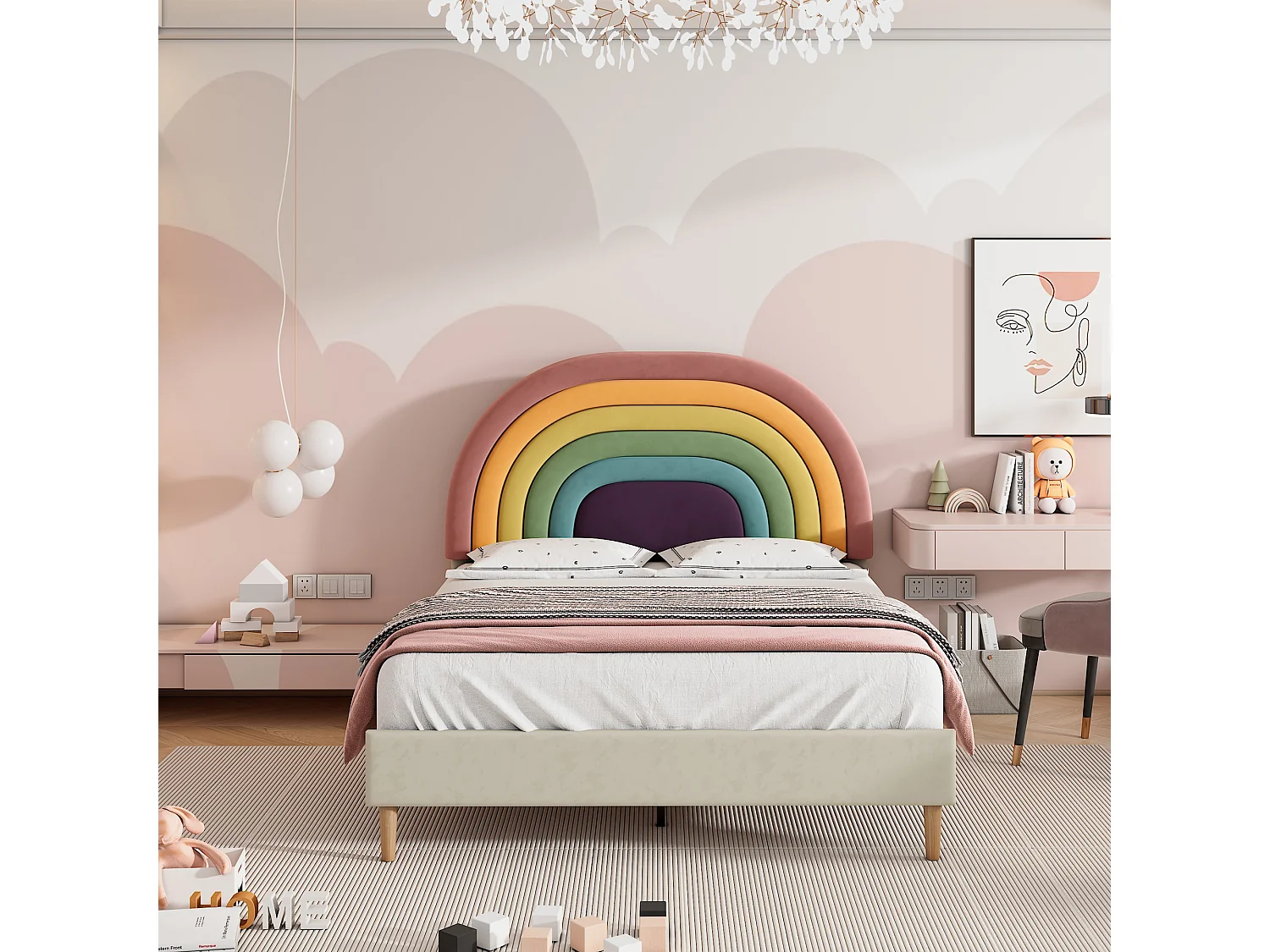 Bed met verstelbaar hoofdeinde - 140 x 200 cm - fluweel - lattenbodem - kleur beige