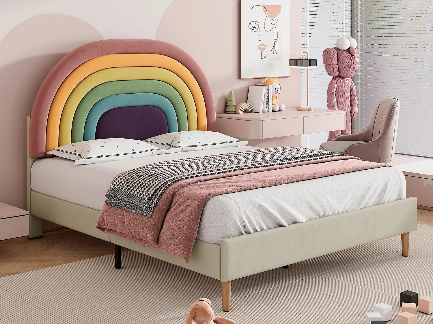 Bed met verstelbaar hoofdeinde - 140 x 200 cm - fluweel - lattenbodem - kleur beige