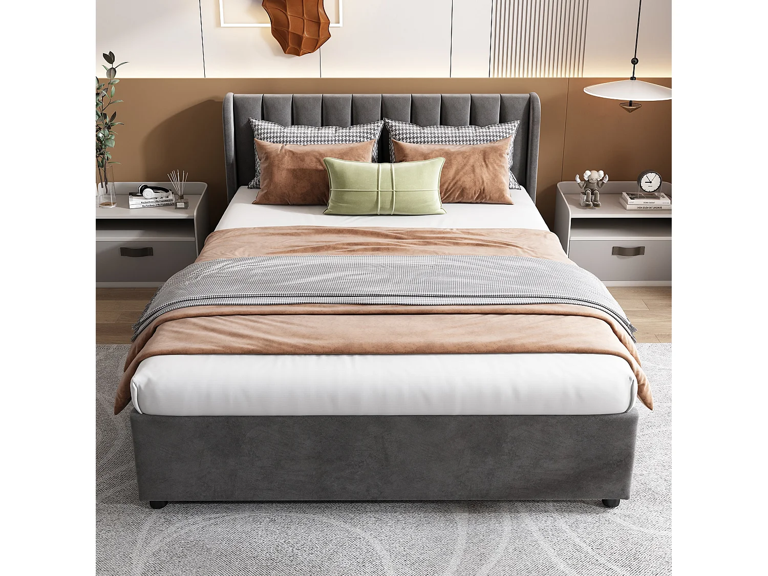 Bett mit 2 Schubladen – 140 x 200 cm – Samt – Lattenrost – graue Farbe