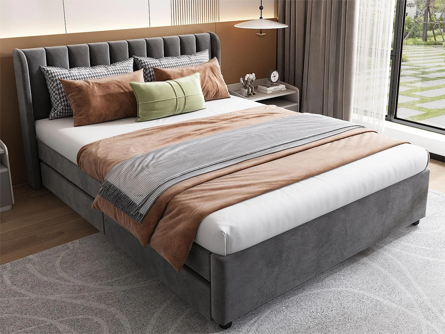 Bett mit 2 Schubladen – 140 x 200 cm – Samt – Lattenrost – graue Farbe