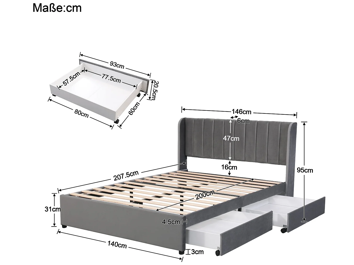 Bett mit 2 Schubladen – 140 x 200 cm – Samt – Lattenrost – graue Farbe