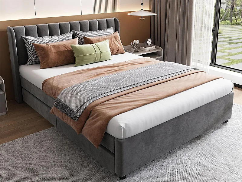 Letto con 2 cassetti - 140 x 200 cm - velluto - rete a doghe - colore grigio