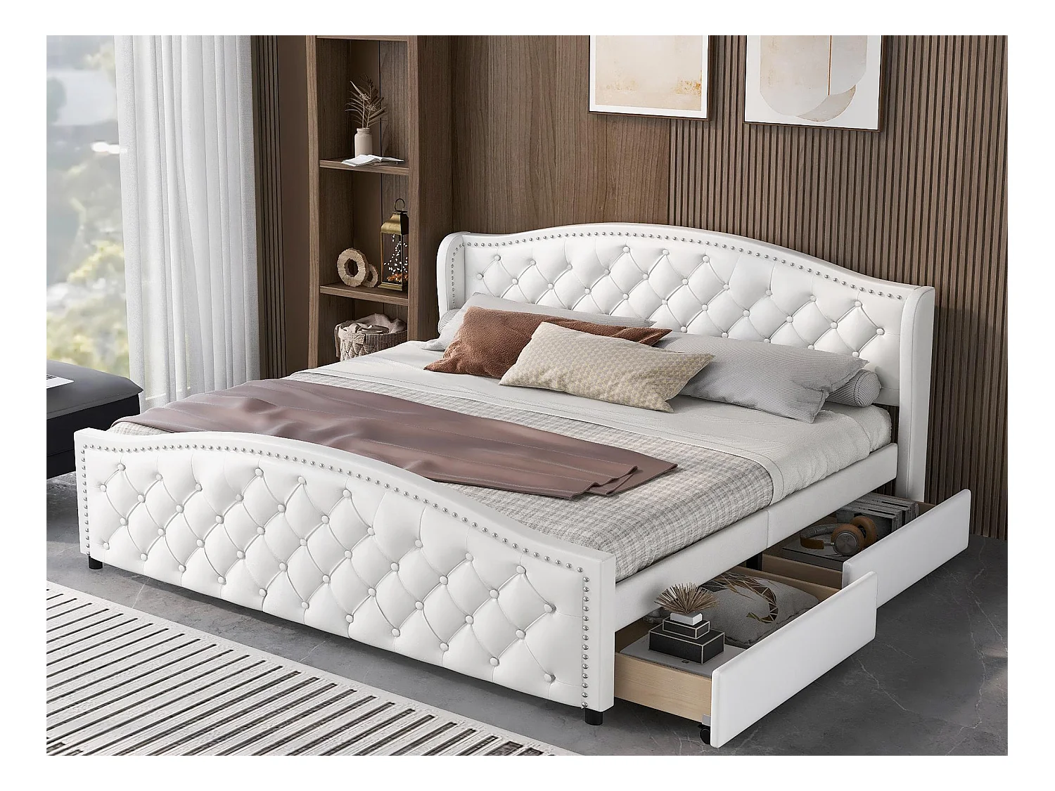 Lit avec tête de lit et 2 tiroirs - 180 x 200 cm - cuir pu - sommier à lattes - coloris blanc