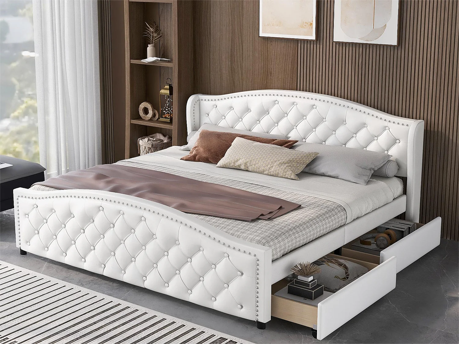 Bed met hoofdeinde en 2 lades - 180 x 200 cm - pu leer - lattenbodem - kleur wit