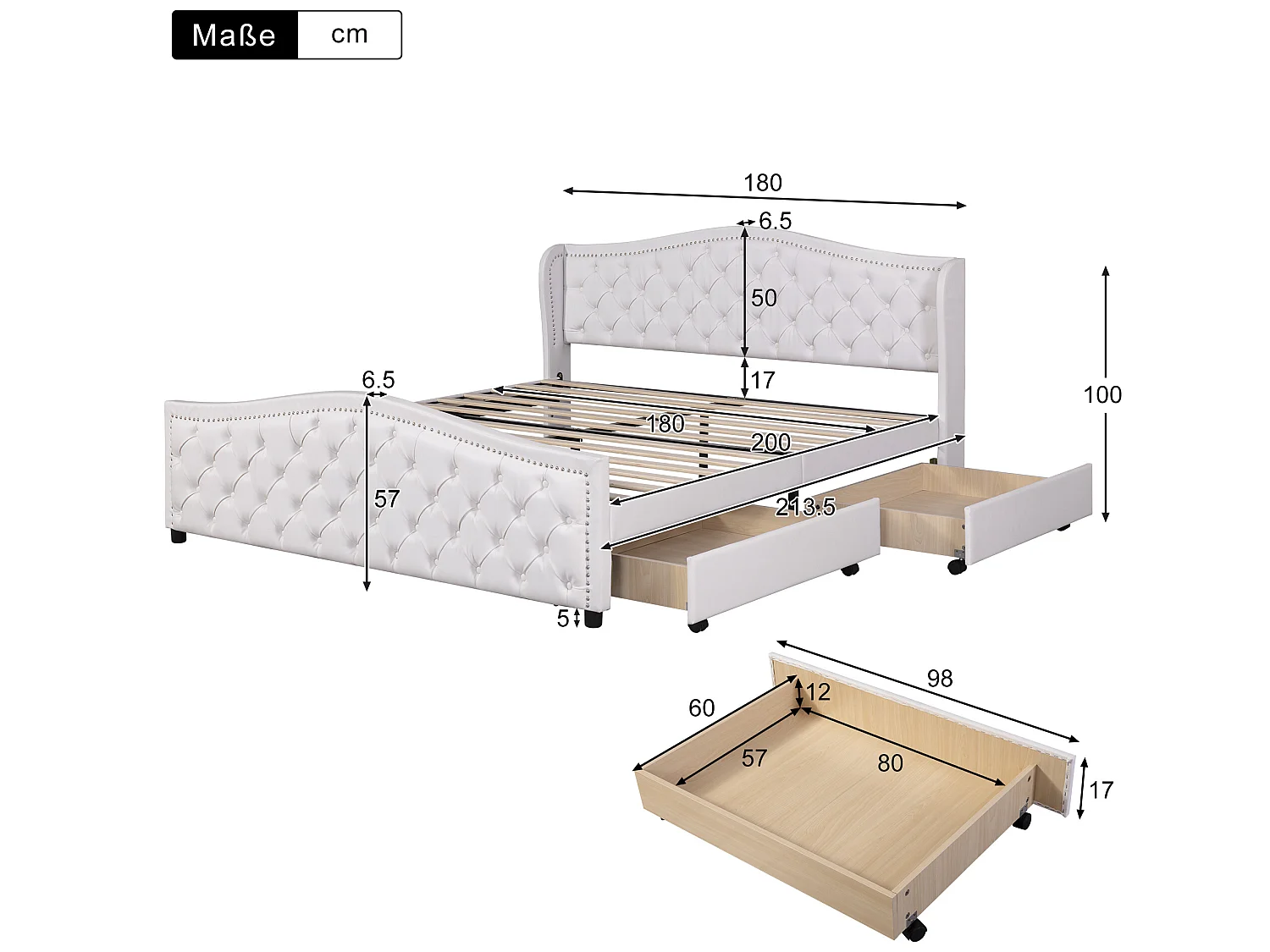 Bed met hoofdeinde en 2 lades - 180 x 200 cm - pu leer - lattenbodem - kleur wit