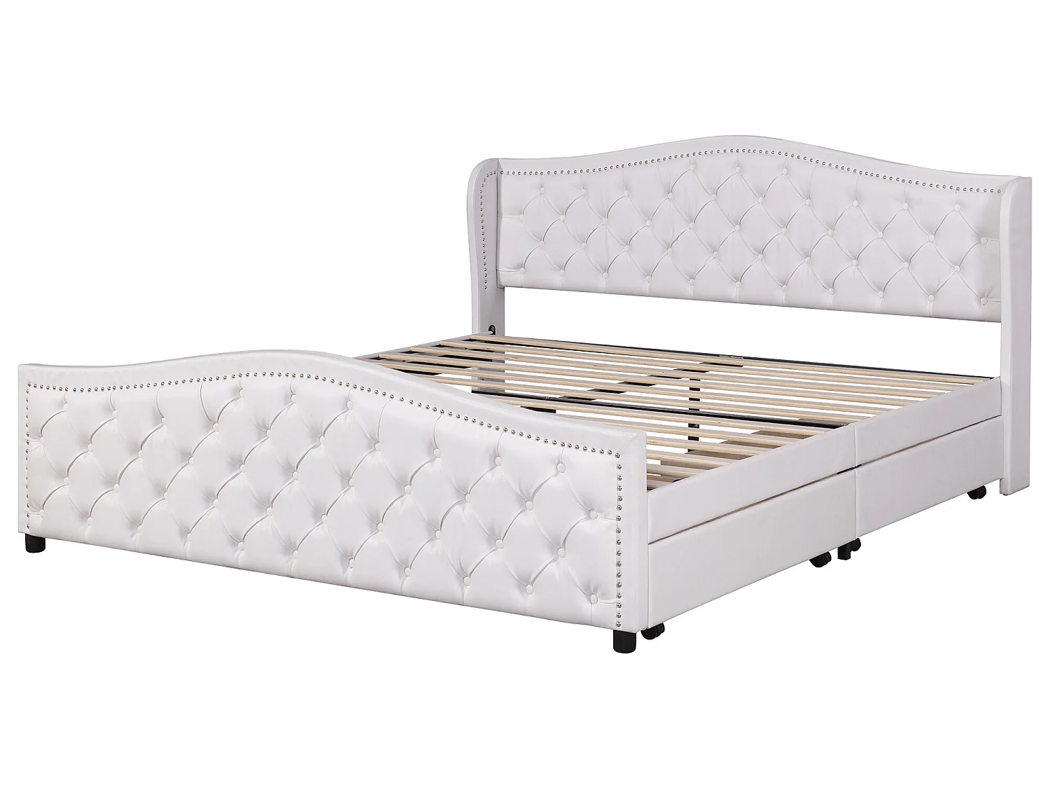 Bed met hoofdeinde en 2 lades - 180 x 200 cm - pu leer - lattenbodem - kleur wit