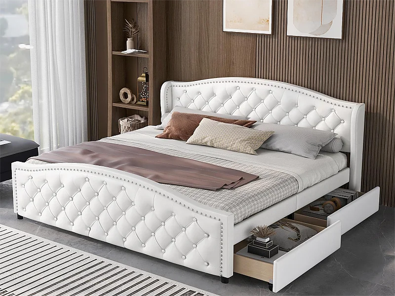 Lit avec tête de lit et 2 tiroirs - 180 x 200 cm - cuir pu - sommier à lattes - coloris blanc