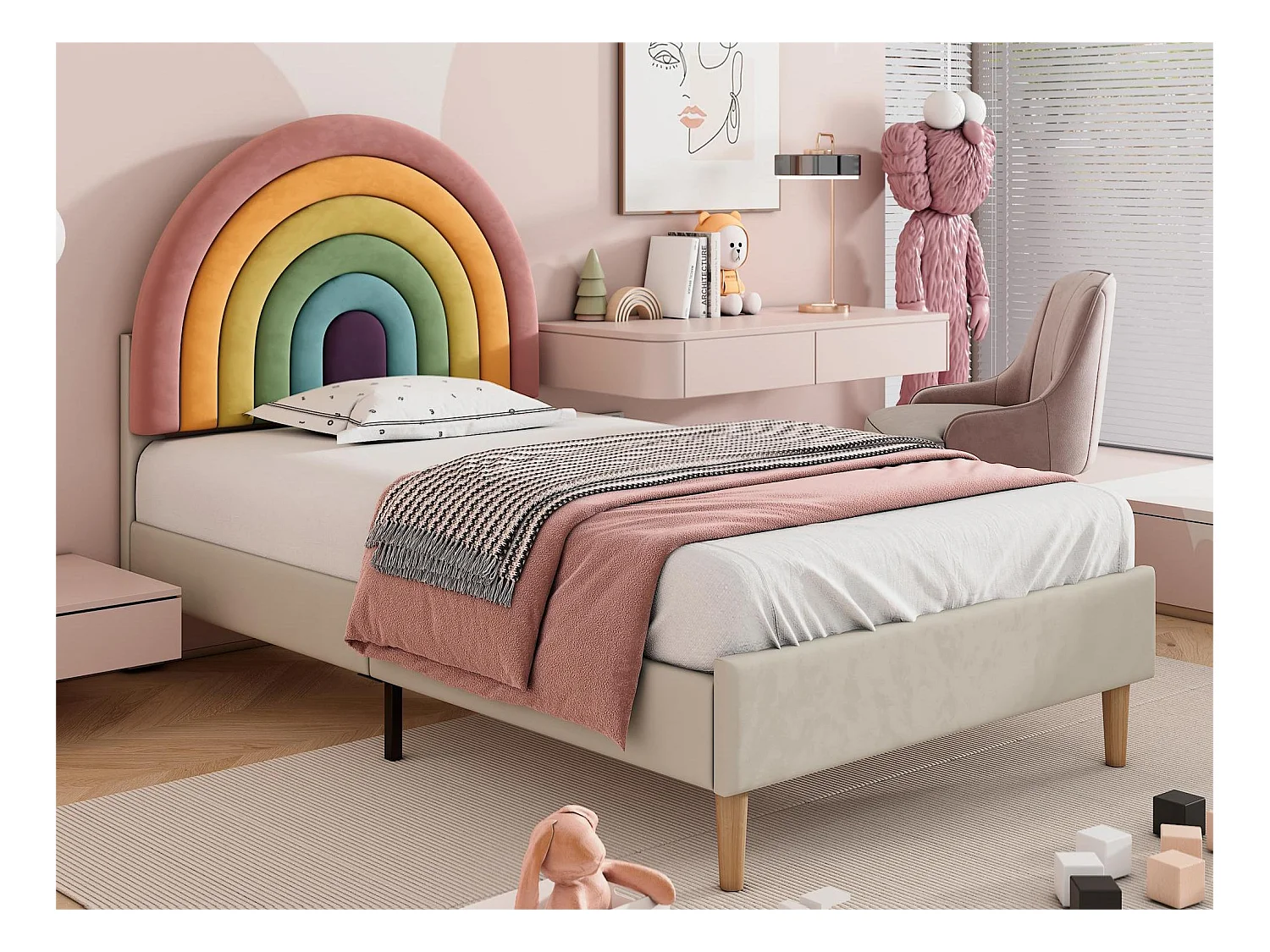 Cama com cabeceira regulável - 90 x 200 cm - veludo - base de ripas - cor bege