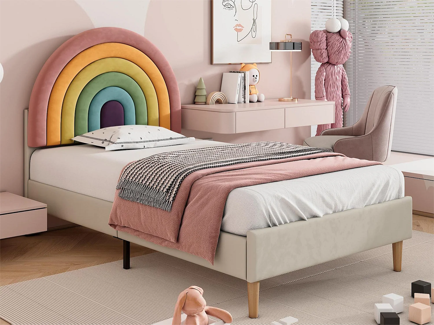 Cama con cabecero ajustable - 90 x 200 cm - terciopelo - somier de láminas - color beige