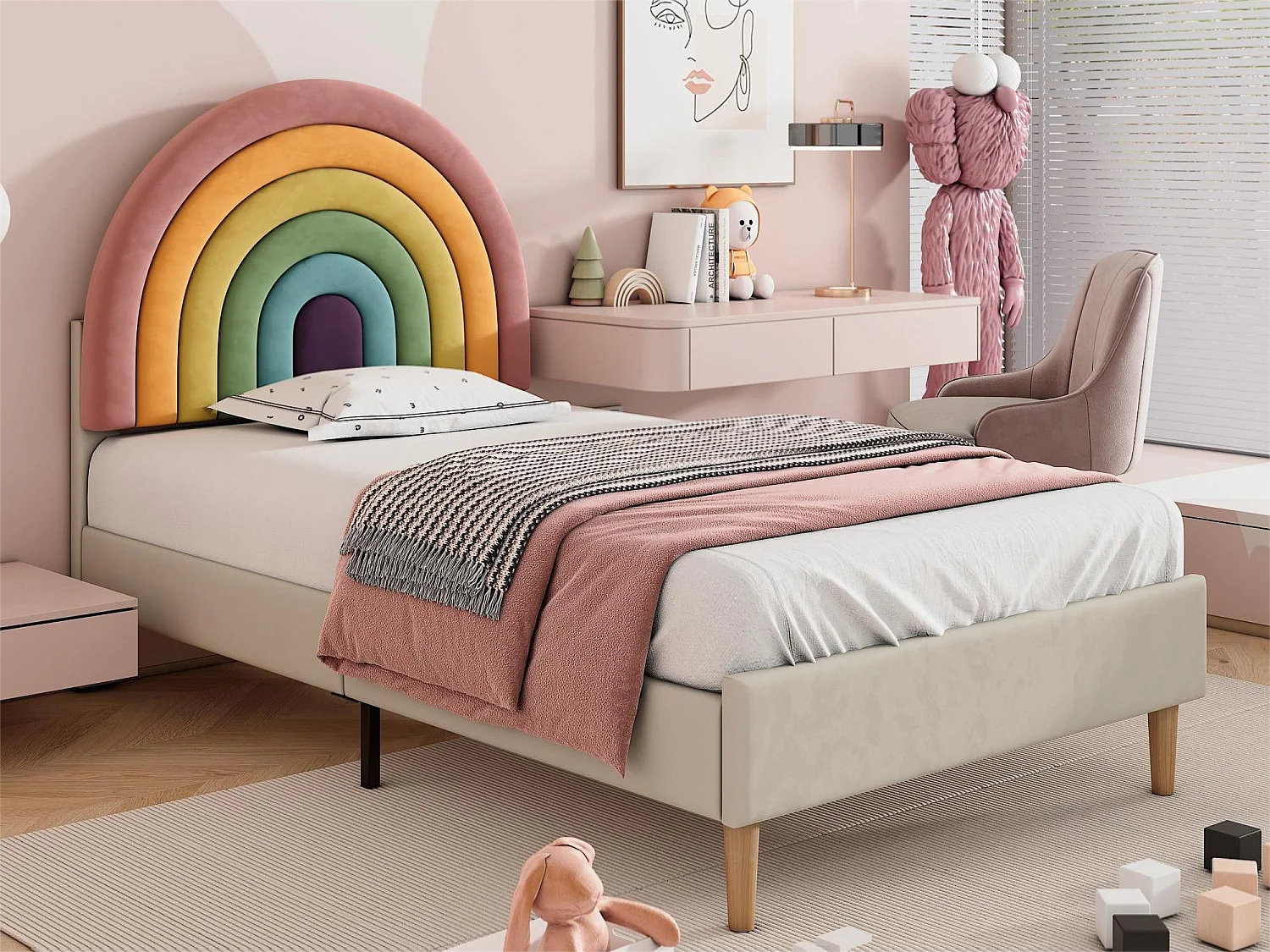 Cama com cabeceira regulável - 90 x 200 cm - veludo - base de ripas - cor bege