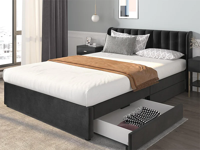 Bett mit 2 Schubladen – 140 x 200 cm – Samt – Lattenrost – Farbe Schwarz