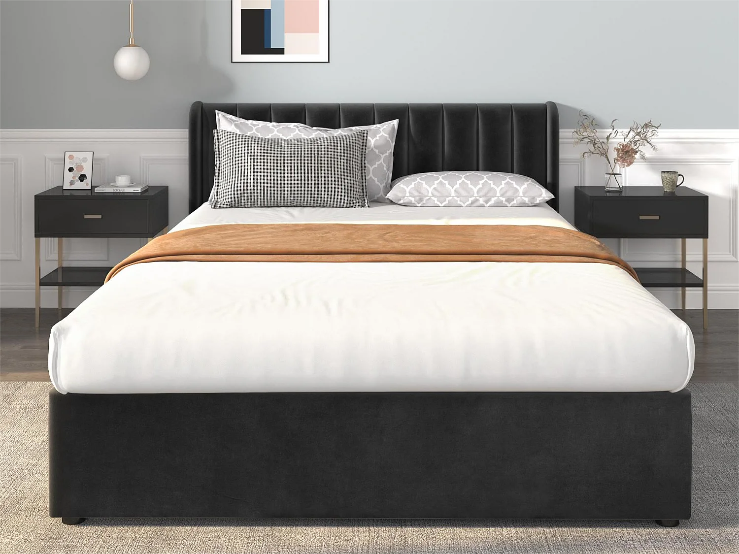 Lit avec 2 tiroirs - 140 x 200 cm - velours - sommier à lattes - coloris noir