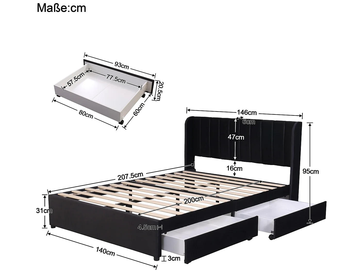 Łóżko z 2 szufladami - 140 x 200 cm - aksamit - stelaż listwowy - kolor czarny