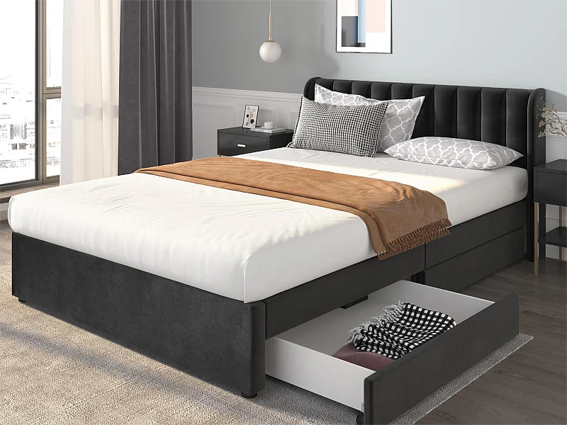 Bett mit 2 Schubladen – 140 x 200 cm – Samt – Lattenrost – Farbe Schwarz