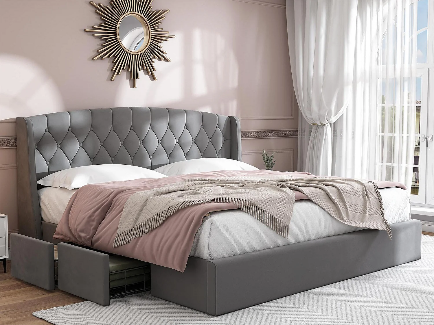 Bett mit Kopfteil und 4 Schubladen – 180 x 200 cm – Samt – Lattenrost – Grau