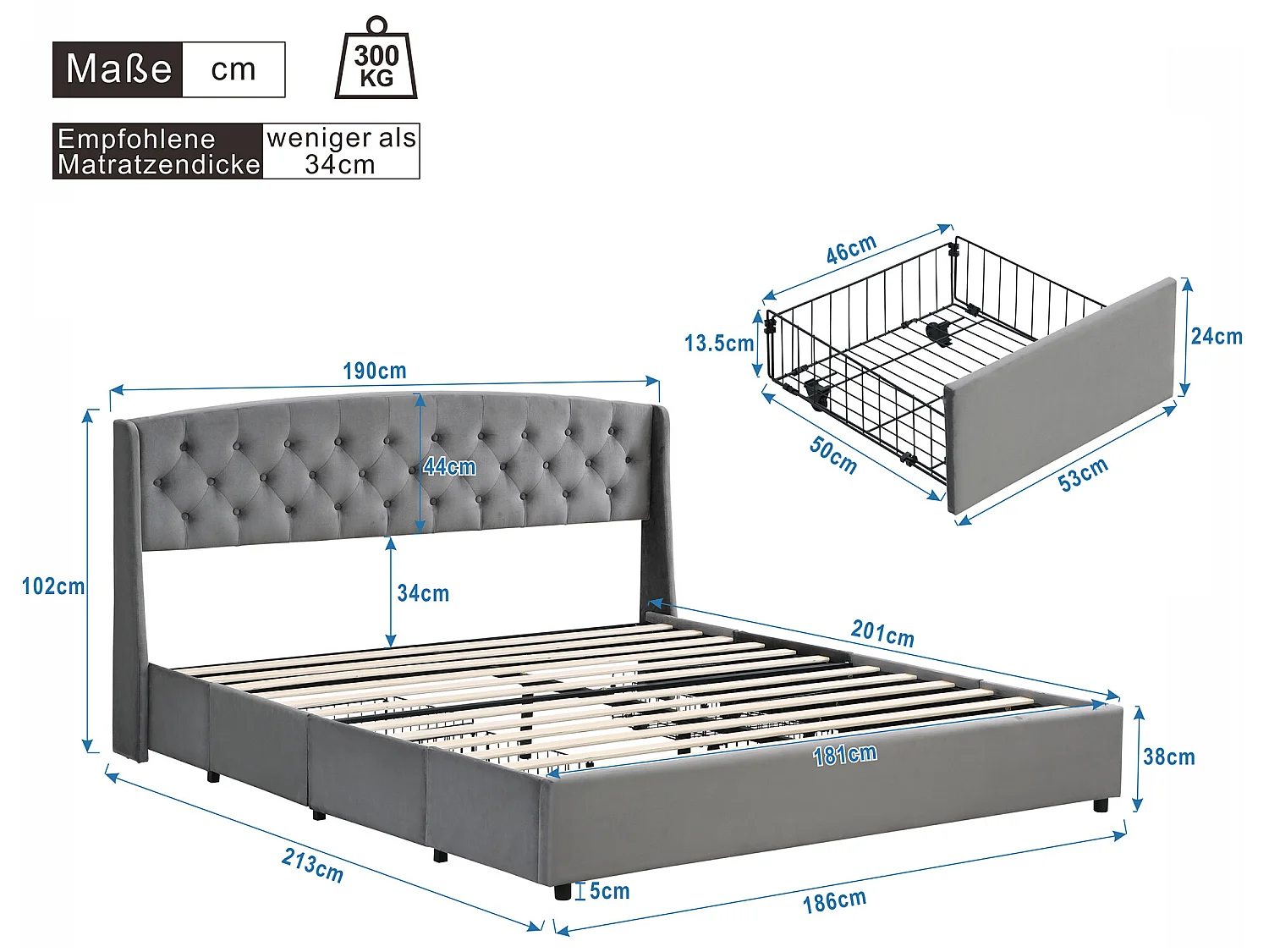 Bett mit Kopfteil und 4 Schubladen – 180 x 200 cm – Samt – Lattenrost – Grau