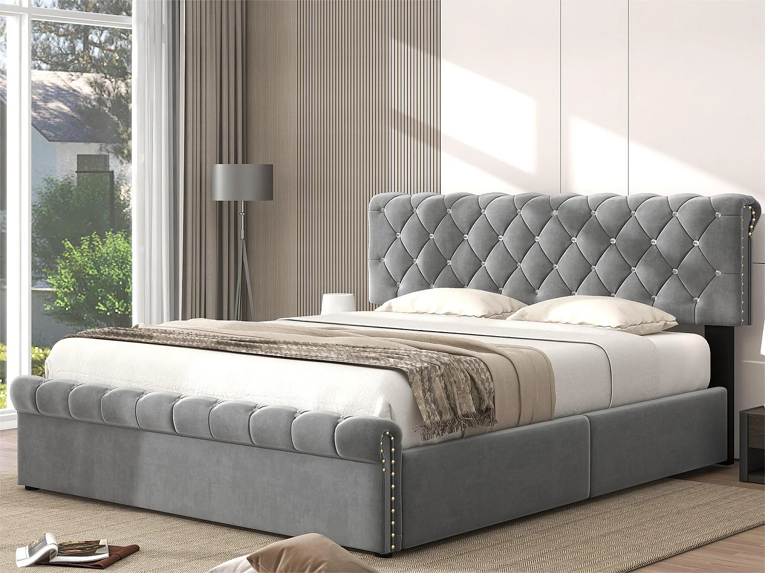 Opbergbed 140 x 200 cm met verstelbaar hoofdeinde - fluweel - lattenbodem - Scandinavische stijl - grijs