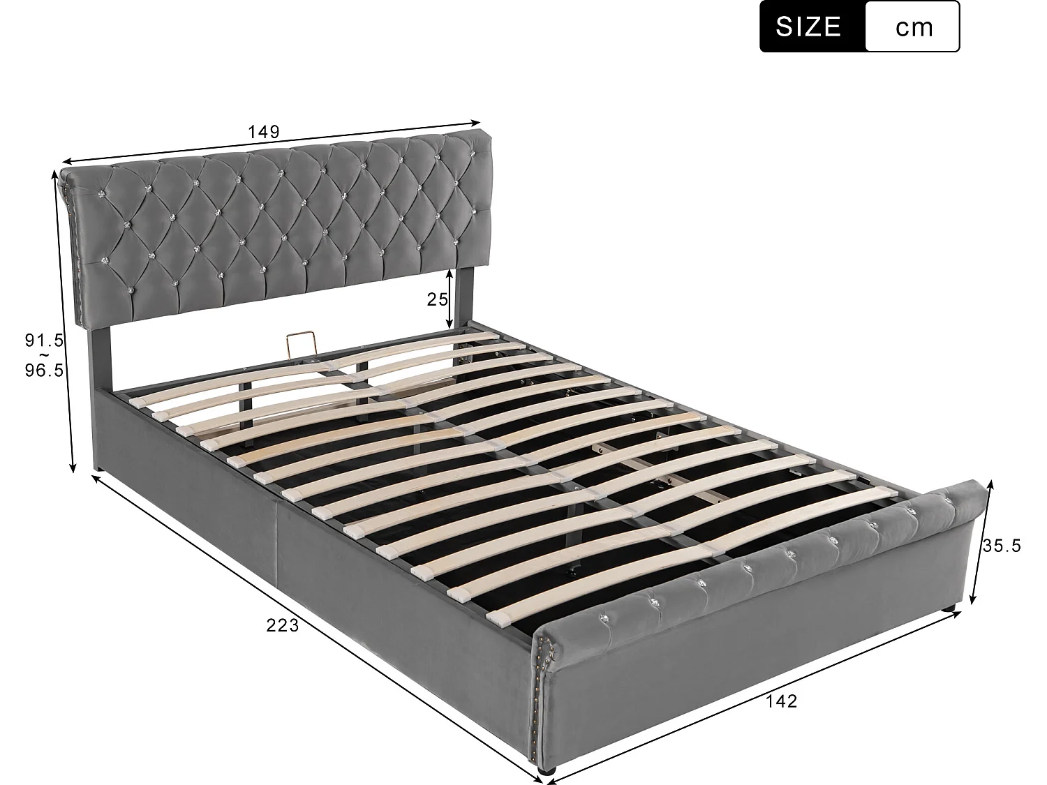 Opbergbed 140 x 200 cm met verstelbaar hoofdeinde - fluweel - lattenbodem - Scandinavische stijl - grijs