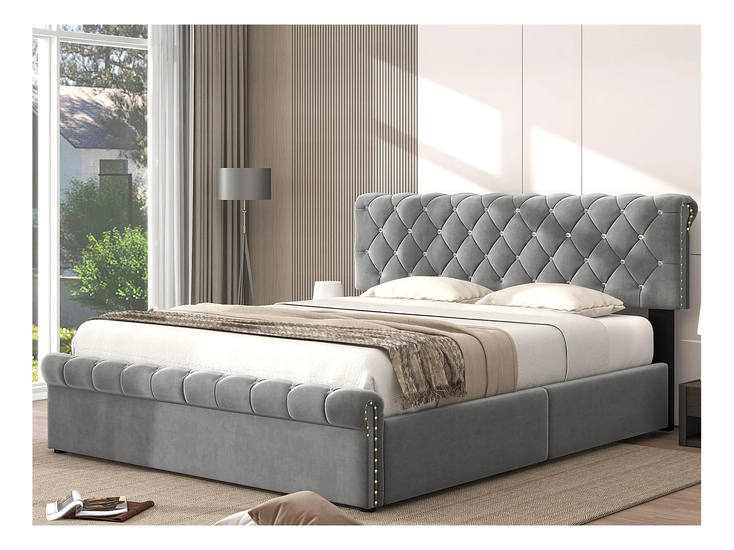 Opbergbed 140 x 200 cm met verstelbaar hoofdeinde - fluweel - lattenbodem - Scandinavische stijl - grijs