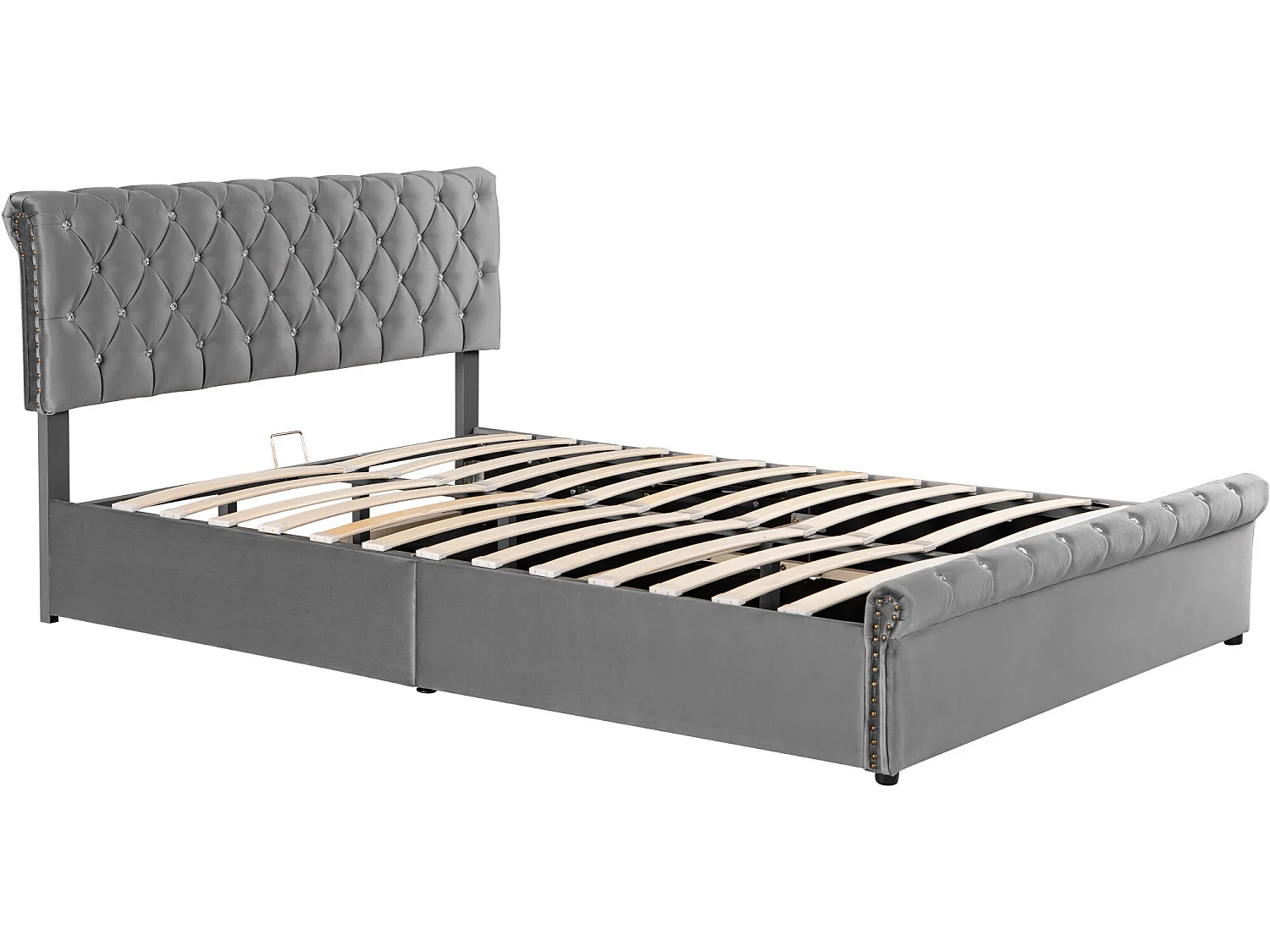 Lit coffre 140 x 200 cm avec tête de lit réglable - velours - sommier à lattes - style scandinave - gris