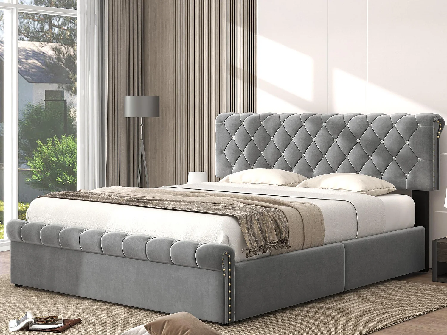 Lit coffre 140 x 200 cm avec tête de lit réglable - velours - sommier à lattes - style scandinave - gris