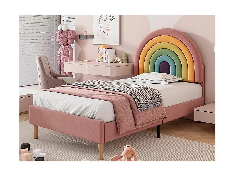 Bett mit verstellbarem Kopfteil – 90 x 200 cm – Samt – Lattenrost – Farbe Rosa