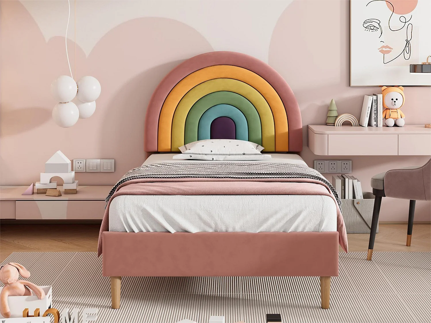 Cama com cabeceira regulável - 90 x 200 cm - veludo - base de ripas - cor rosa