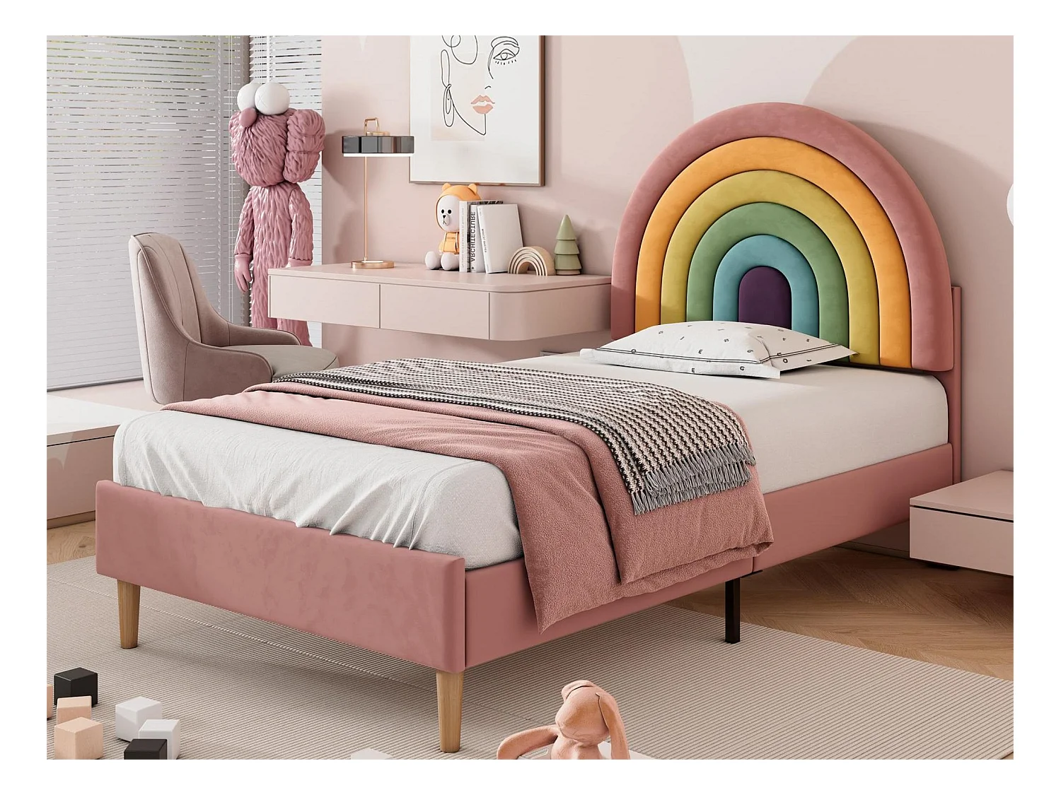 Lit avec tête de lit réglable - 90 x 200 cm - velours - sommier à lattes - coloris rose