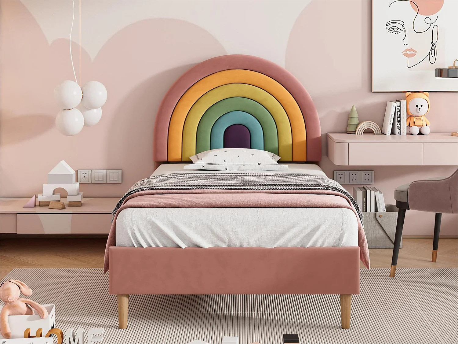 Bed met verstelbaar hoofdeinde - 90 x 200 cm - fluweel - lattenbodem - kleur roze